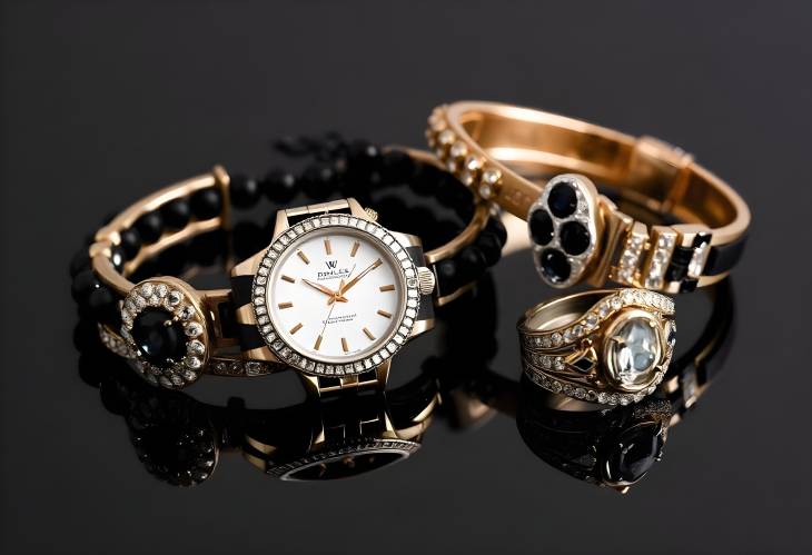 Elegant Black Jewelry Collection Bracelets, Rings, and Watches