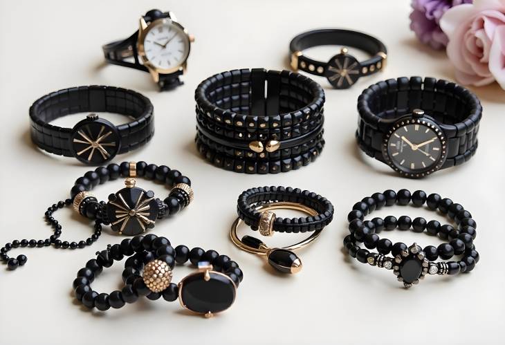 Gorgeous Black Jewelry Fashionable Bracelets, Watches, and Rings