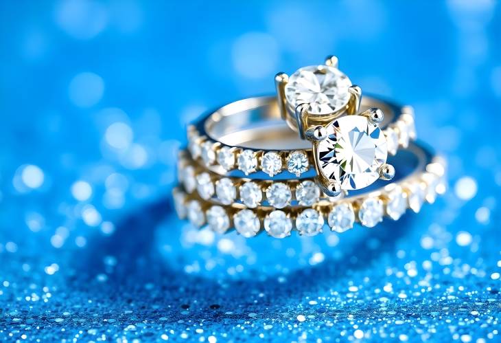 Gorgeous Diamond Stacked Eternity Rings on Blue Glitter Sparkle Background