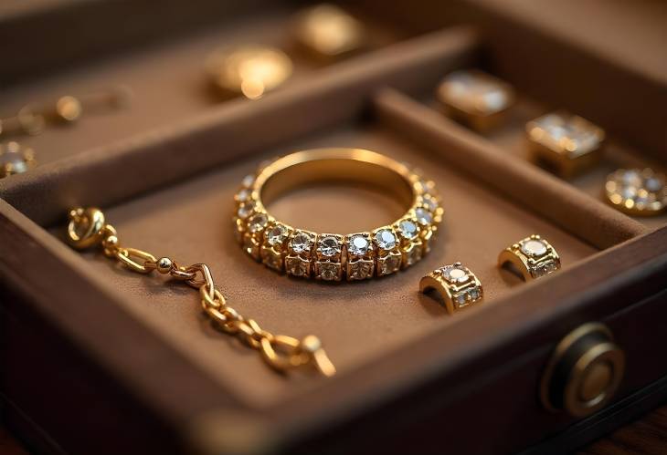 CloseUp View of Golden Bijouterie in Jewelry Box