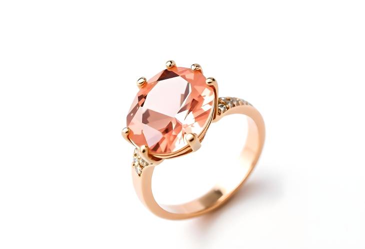 Beautiful Morganite and Diamond Ring Set in Rose Gold Isolated on White