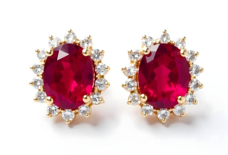 Exquisite Red Ruby Earrings with Diamond Surrounding on White Background