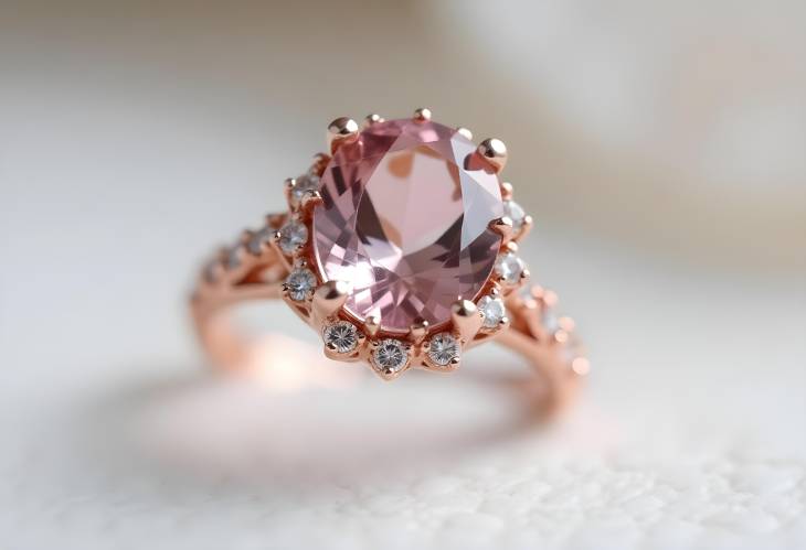 Glamorous Rose Gold Morganite Ring with Diamonds on White Isolate