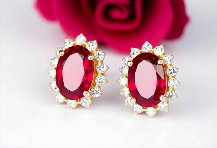 Exquisite Red Ruby Earrings with Diamond Surrounding on White Background