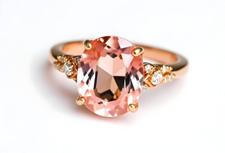 Radiant Morganite and Diamond Ring in Rose Gold Isolated on White