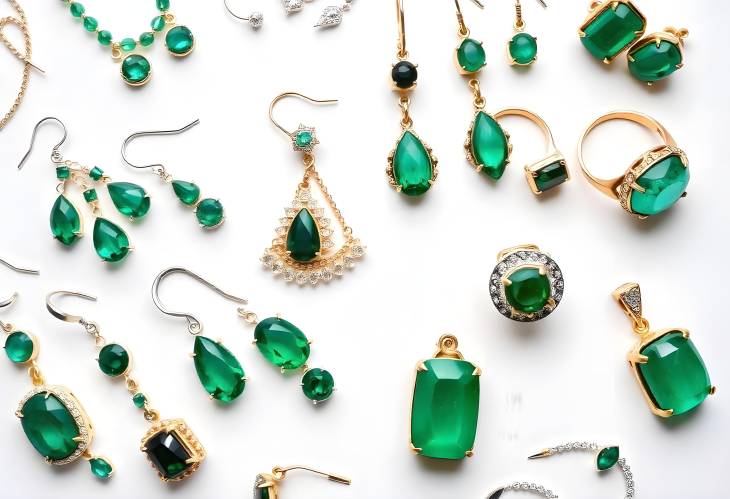 Vibrant Emerald Earrings and Rings Grouped on White Background