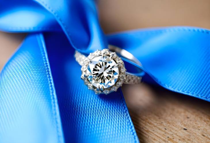 Unique Diamond Ring on a Blue Ribbon Background