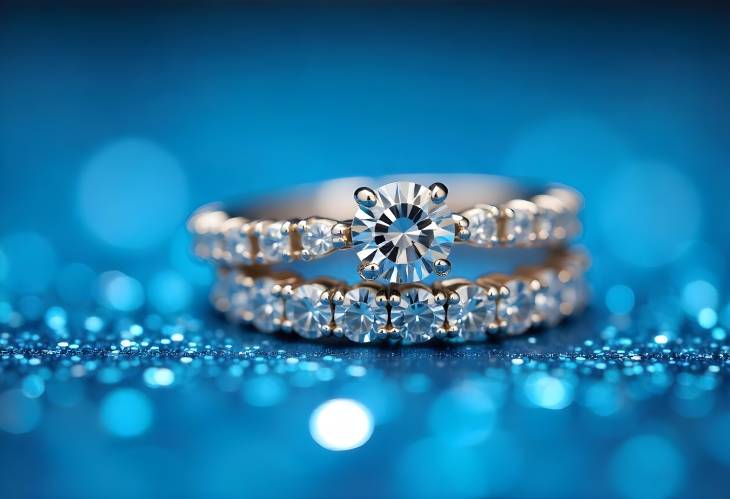 Beautiful Diamond Stacked Eternity Rings on Blue Glitter Background