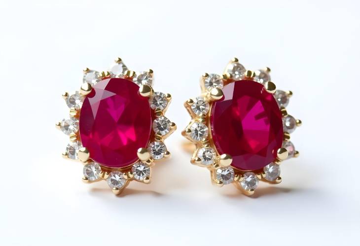 Radiant Red Ruby Earrings Surrounded by Diamonds on White Background