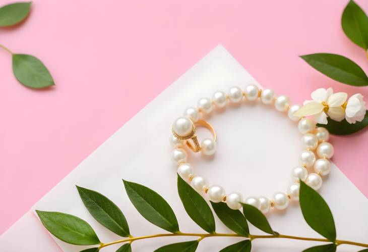 Chic Pearl Bracelets and Ring Set on Pink Paper Background