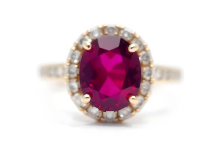 Chic Rhodolite Garnet Ring with Diamond Accents Isolated on White