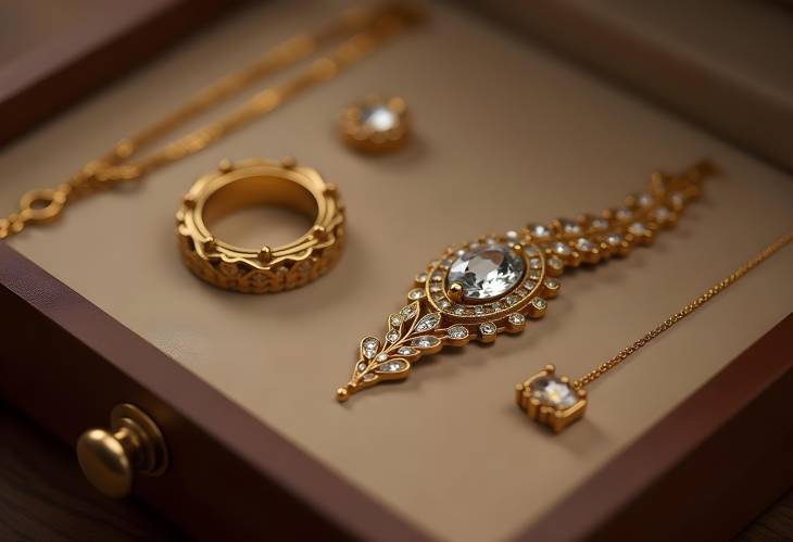 Golden Bijouterie Showcase in Luxurious Jewelry Box