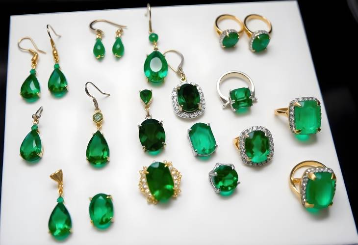 Chic Display of Emerald Earrings and Rings on White Background