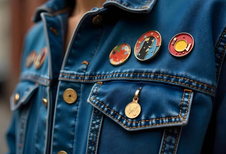 CloseUp View of Denim Jacket with Cool Graphic Pins and Badges