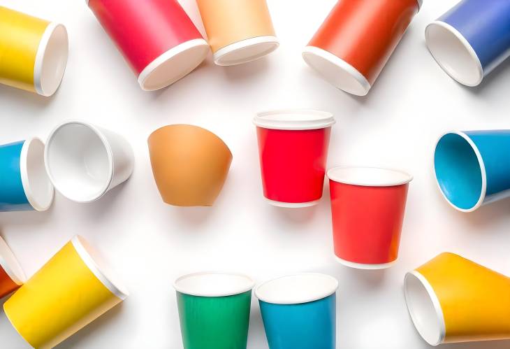 Vibrant Collection of Different Color Paper Cups Isolated on White Background