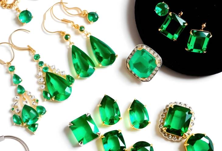 Vibrant Collection of Emerald Earrings and Rings on White Background