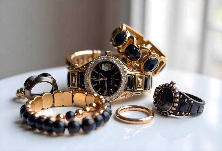 Artistic Black Jewelry Statement Bracelets, Rings, and Watches