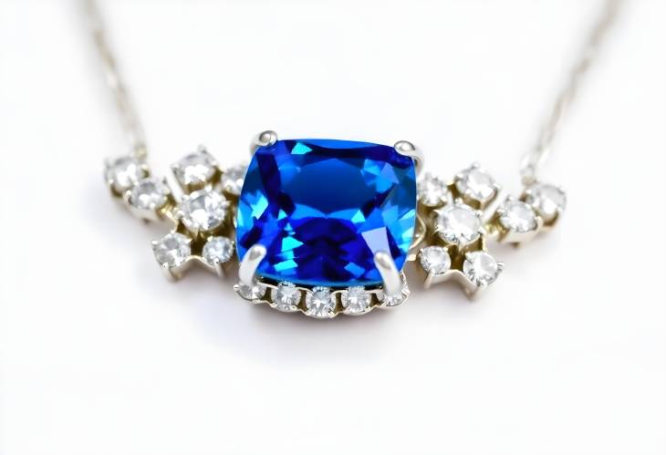 Stylish Blue Sapphire and Diamond Necklace Isolated on White