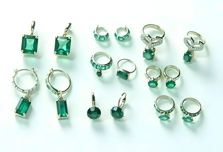 Chic Emerald Earrings and Rings Grouped on White Background