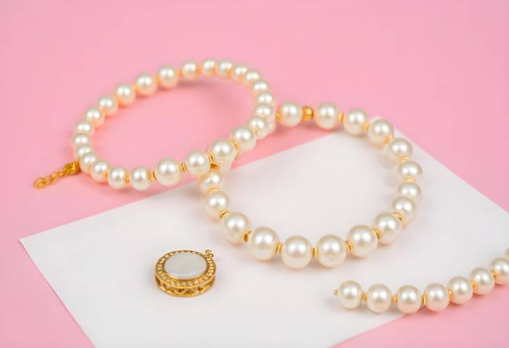 Elegant Pearl Golden Bracelets and Ring on Pink Paper