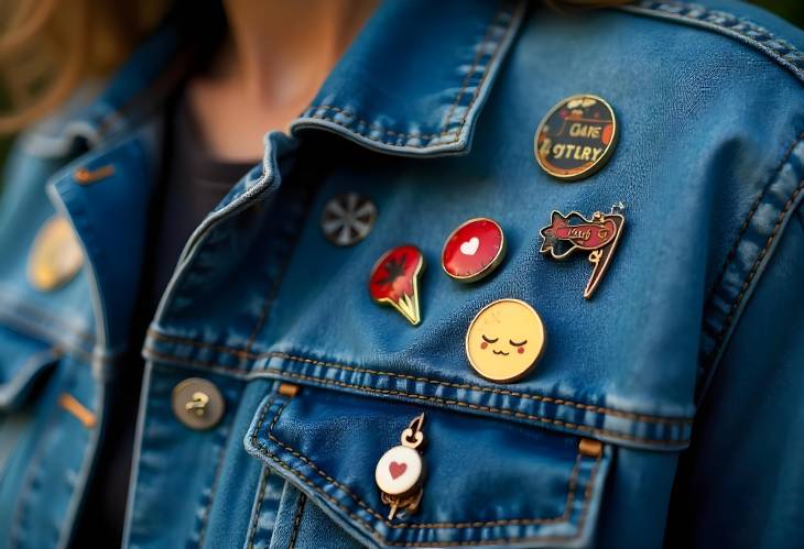 Artistic Denim Jacket CloseUp with Trendy Badges and Pins