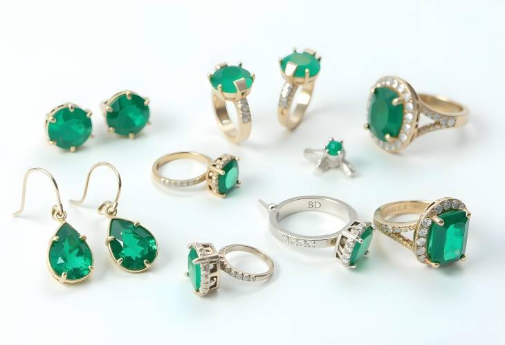 Artistic Emerald Earrings and Rings Displayed on White Background