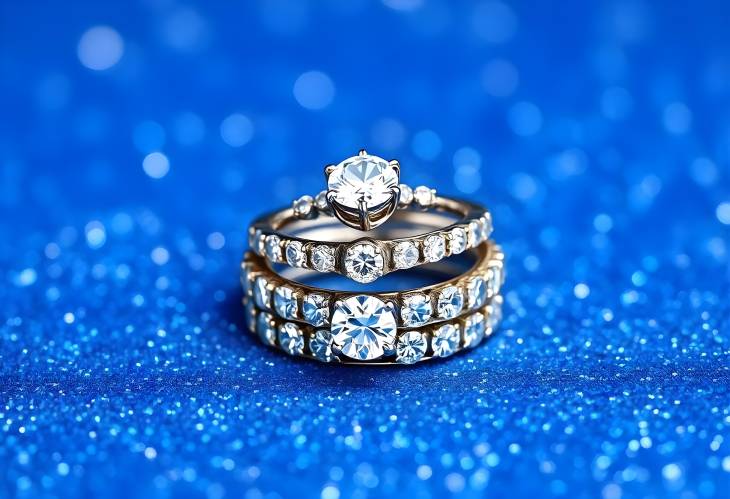 Radiant Stacked Diamond Eternity Rings on Blue Glitter Background