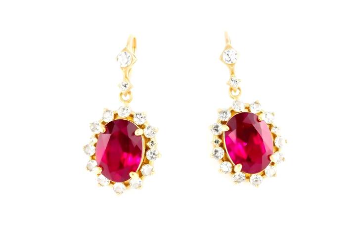 Charming Ruby Earrings Decorated with Diamonds on White Background