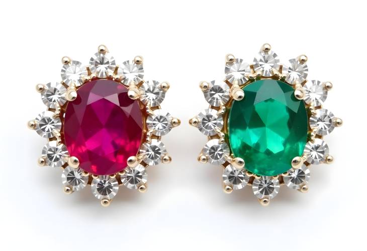 Radiant Ruby, Emerald, and Sapphire Earrings with Diamonds