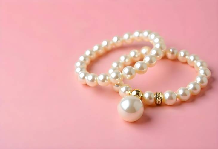 Radiant Pearl Golden Bracelets and Ring on Pink Background