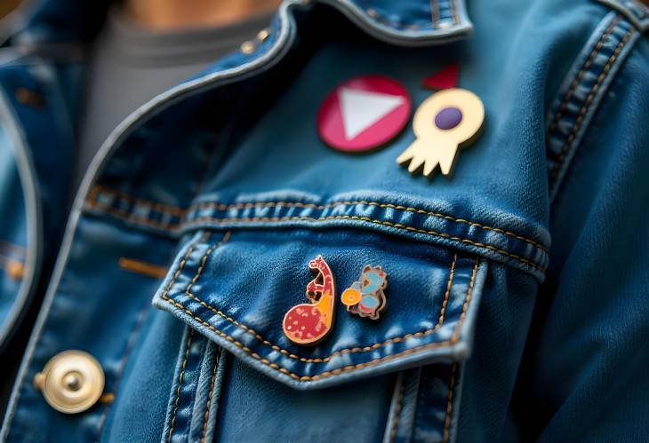 CloseUp of Denim Jacket with Artsy Graphic Pins and Badges