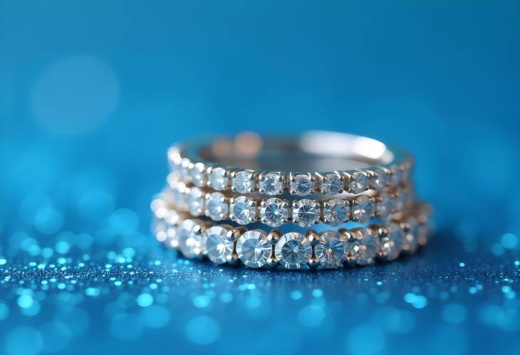 Radiant Diamond Stacked Eternity Rings on Sparkling Blue Background