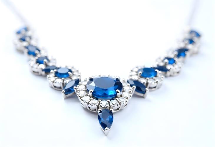 Dazzling Blue Sapphire and Diamond Necklace Isolated on White