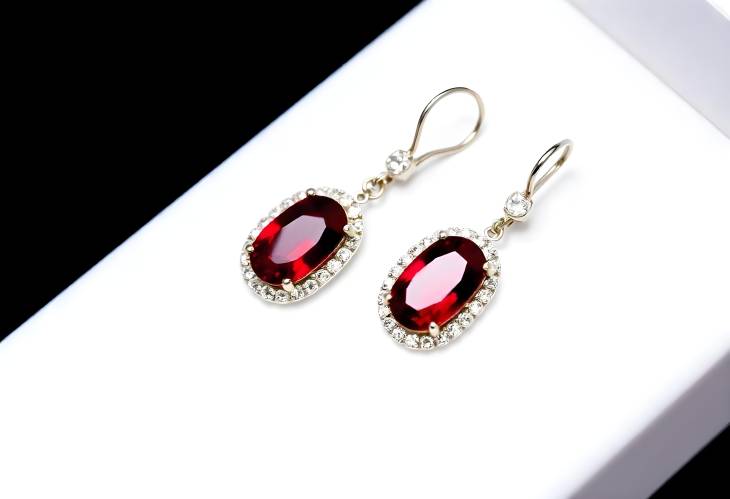 Chic Red Ruby and Diamond Earrings in Oval Shape Isolated on White