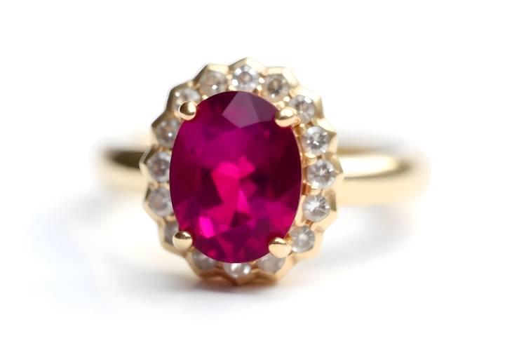 Radiant Rhodolite Garnet and Diamond Ring Isolated on White