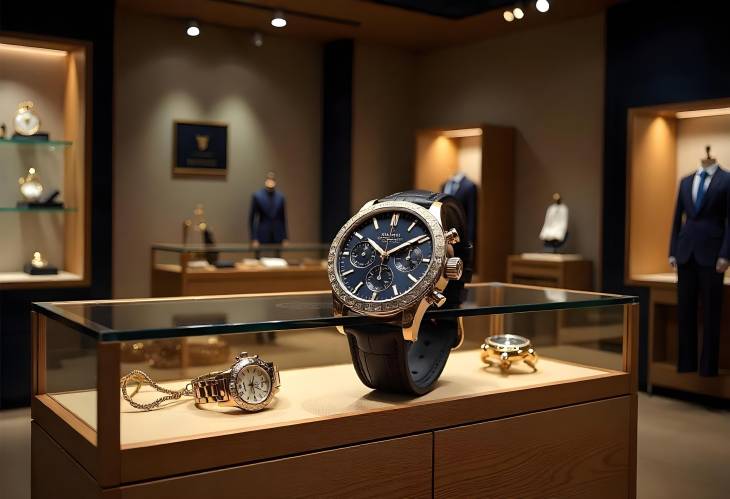 Vibrant Watch Showcase Glamorous Timepieces in a Retail Shop