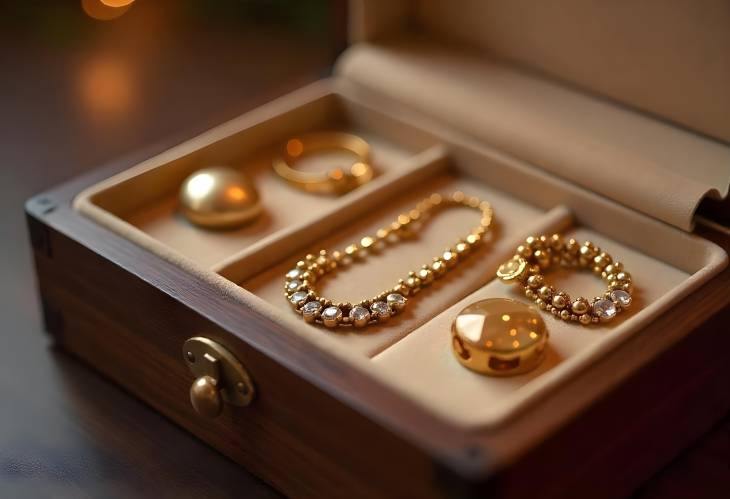 Stylish Golden Bijouterie in Elegant Jewelry Box