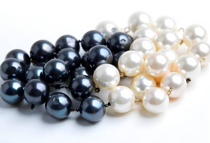 Vivid Black and White Pearls on White Background Isolated