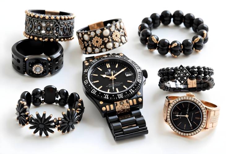 Bold Black Jewelry Bracelets, Watches, and Rings for Glam