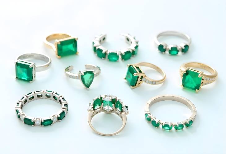 Elegant Emerald Earrings and Rings Grouped on White Background