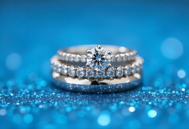 Charming Diamond Eternity Rings Stacked on Blue Glitter Background