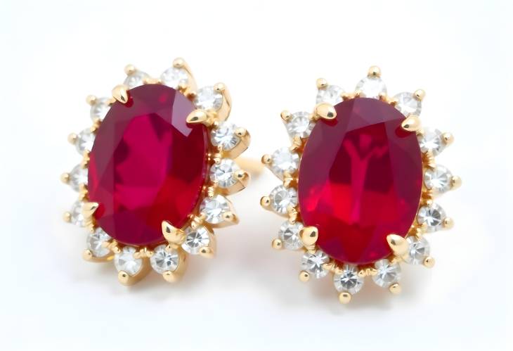 Luxurious Ruby Earrings in Oval Shape with Diamond Accents on White