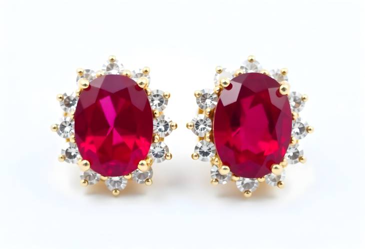 Stunning Oval Red Ruby Earrings Surrounded by Diamonds on White