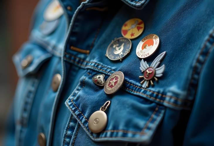 CloseUp View of Funky Accessories on Denim Jacket