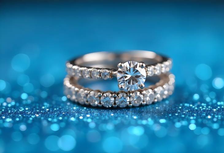 Beautiful Diamond Stacked Eternity Rings on Blue Glitter Sparkle Background