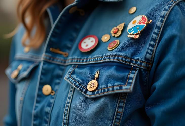 Artistic Close Up of Denim Jacket with Funky Graphic Pins and Badges