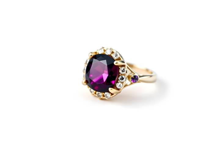 Glamorous Rhodolite Garnet Ring with Diamonds on White Background