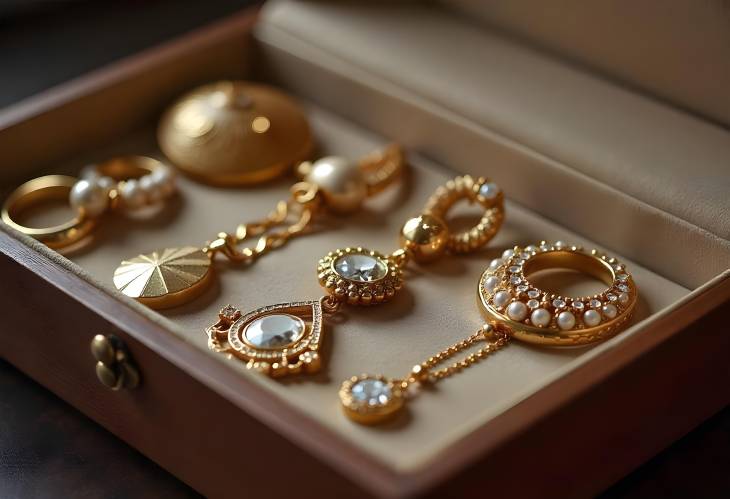 Delicate Golden Bijouterie Displayed in Jewelry Box