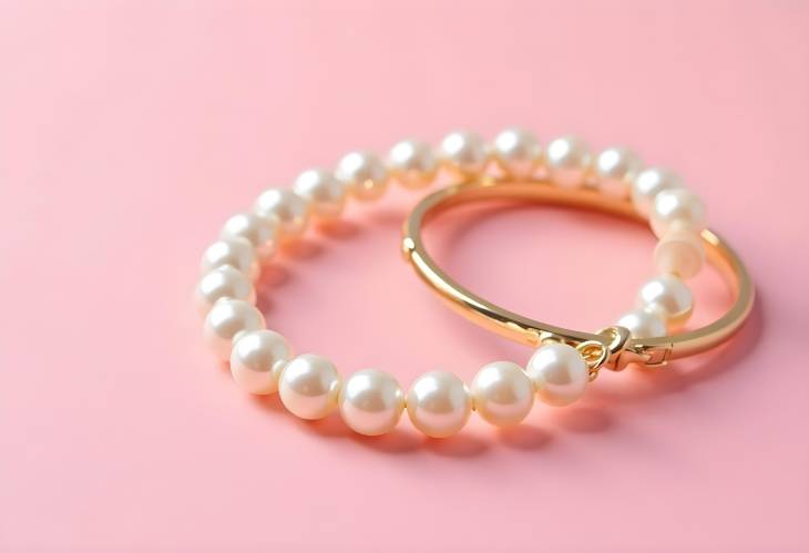 Delicate Pearl Golden Bracelets and Ring Setup on Pink