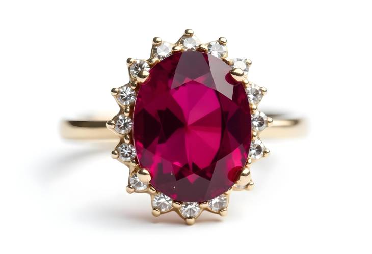 Elegant Rhodolite Garnet Ring with Diamonds on White Background